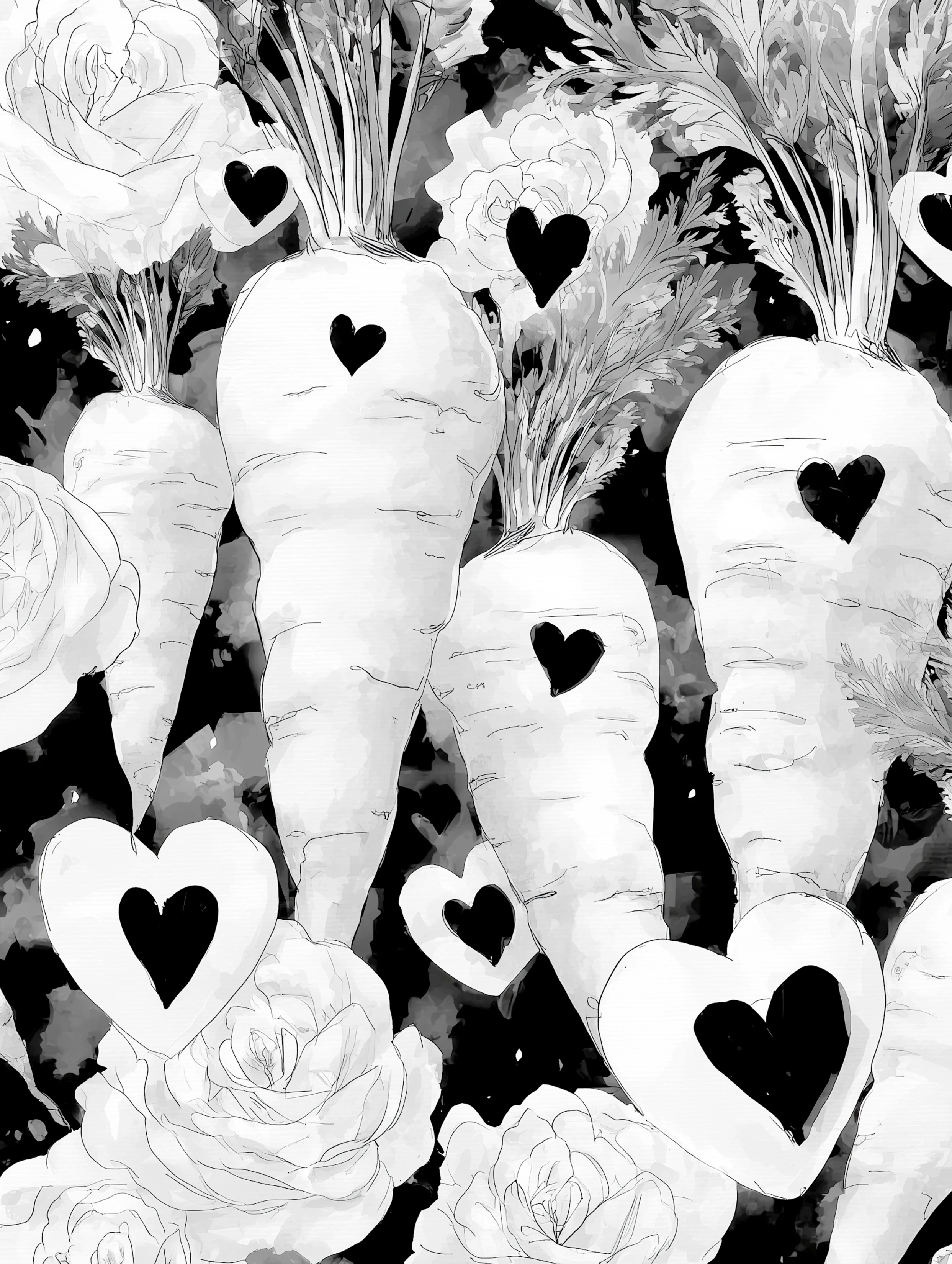 Free printable carrot coloring page for adults featuring a lot of carrots with hearts